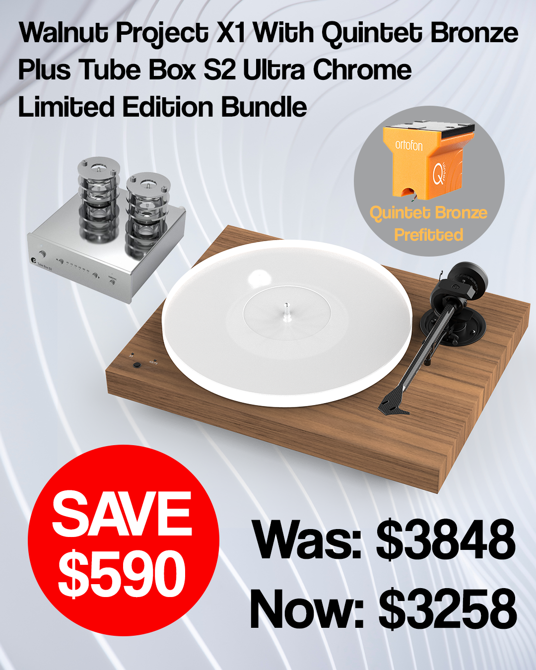 Project X1 Turntable Quintet Bronze (Walnut) / Project Tube Box S2 Ultra Chrome Bundle Deal